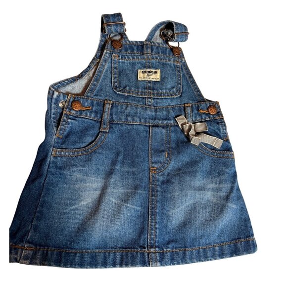 Oshkosh Bgosh Baby Denim Overall Dress 18M With Bow Detail - Picture 1 of 11